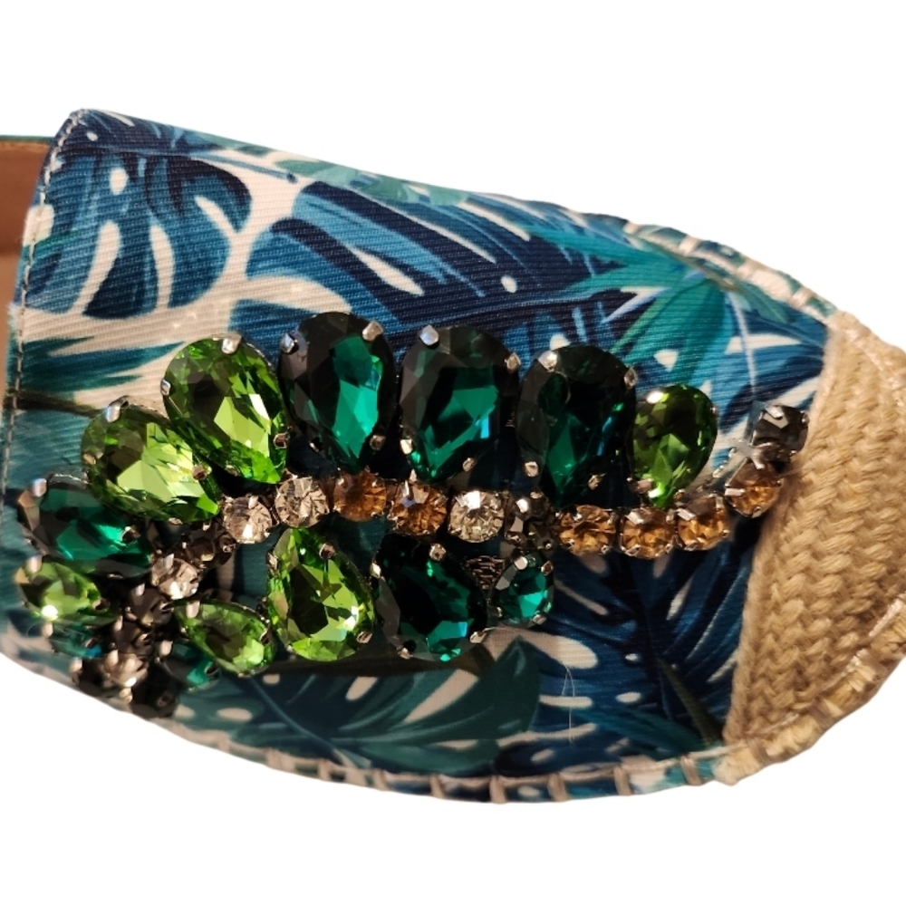 NIB Lauren Lorraine Tropical Green Rhinestone Embellished Espadrille Loafers 9.5 - Picture 6 of 10